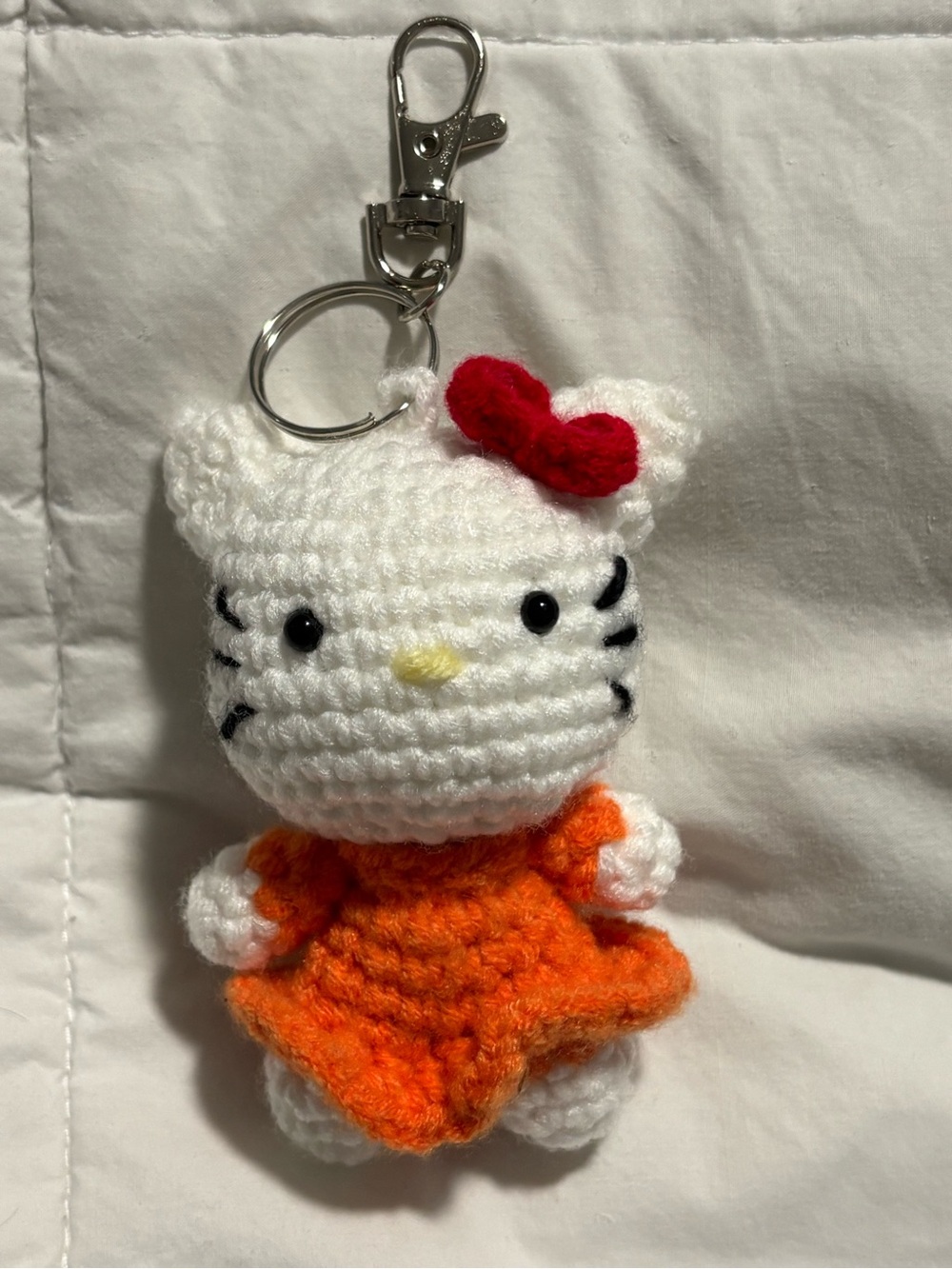 Adorable Hello Kitty 🧡 Crochet Keychain - White with Orange Dress & Red Bow